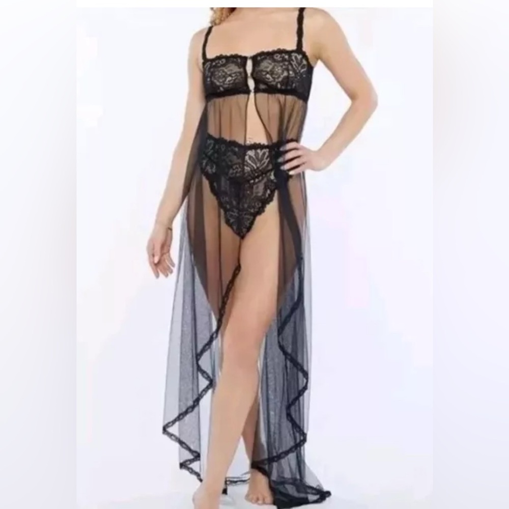 Savage Fenty Sexy Fem Bot Black Lace & Tulle Maxi Slip- Nighty lingerie XS